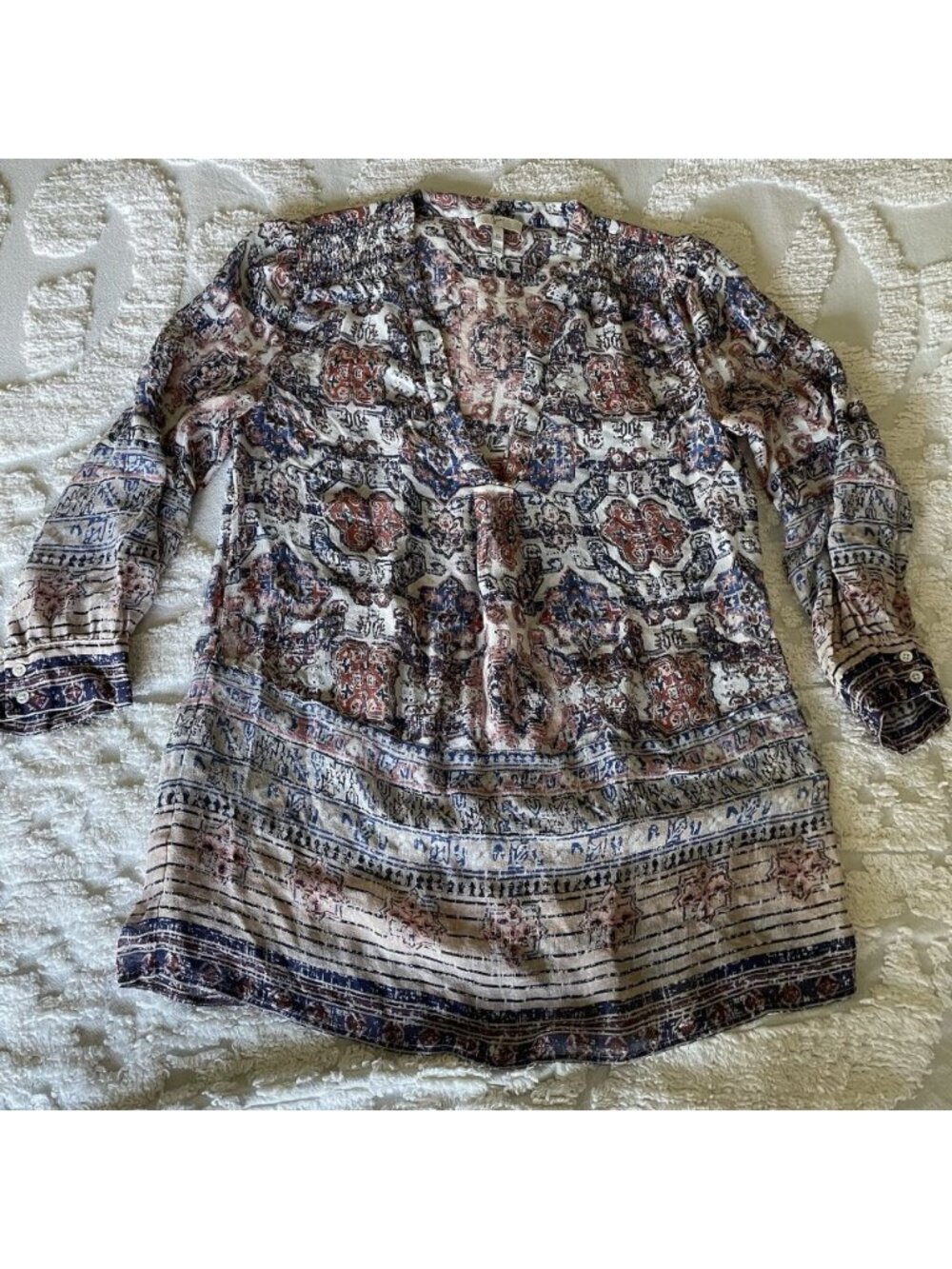 Joie Silk Boho Peasant Blouse Geometric Tribal Print Navy Red Cream XS